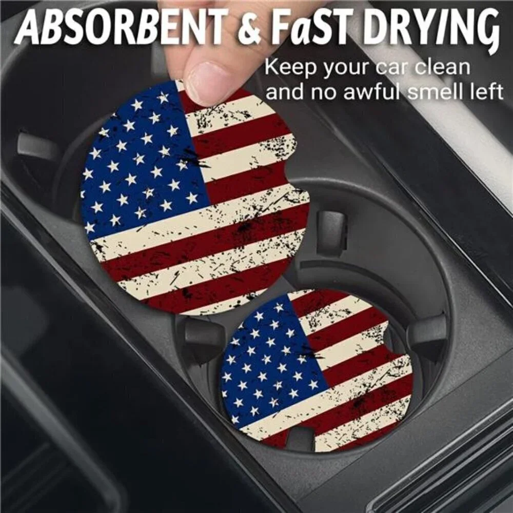 Car Cup Coasters American Flag 2-Pack Cup Holder Anti Slip Rubber Vehicle